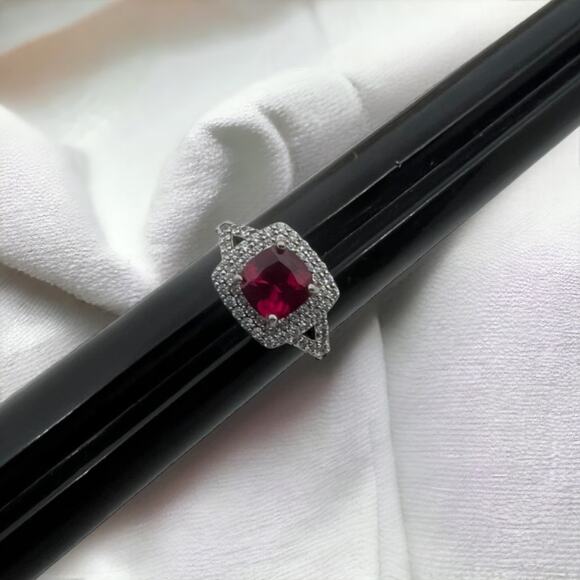 Sterling Silver 925 Ruby Red CZ Halo Ring Art Deco Style Size 6.5 - Picture 1 of 13